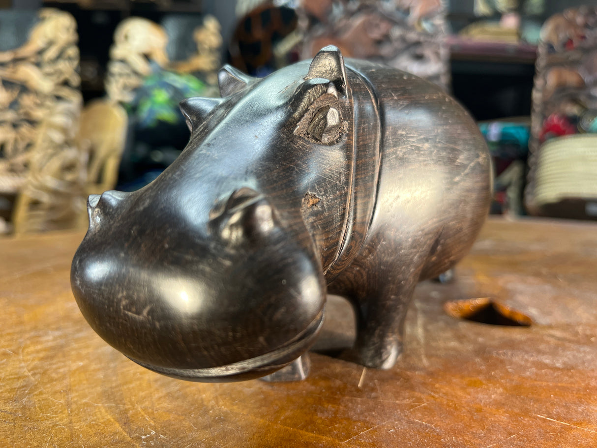 Hand Carved Ebony Wooden Hippo - Mouth Closed