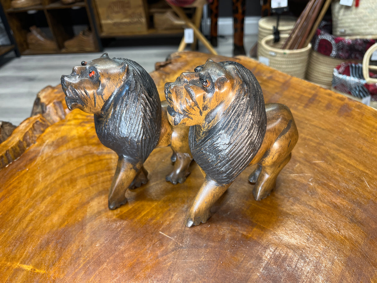 Pair of Scary Red Eyed Lions Looking Right At You Hand Carved With Depth