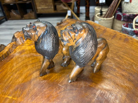 Pair of Scary Red Eyed Lions Looking Right At You Hand Carved With Depth