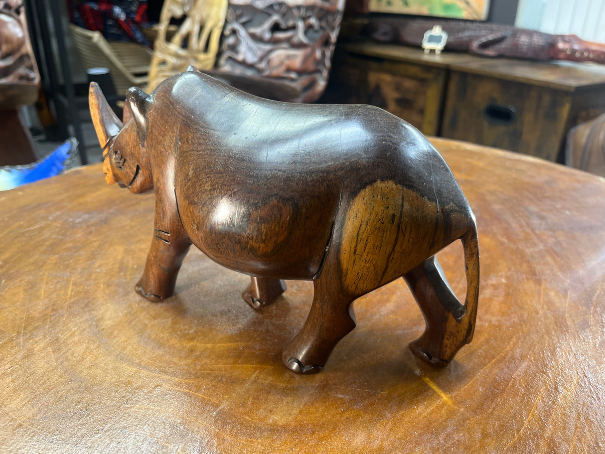 Dark Brown Hand carved Wooden Standing Rhino Curio