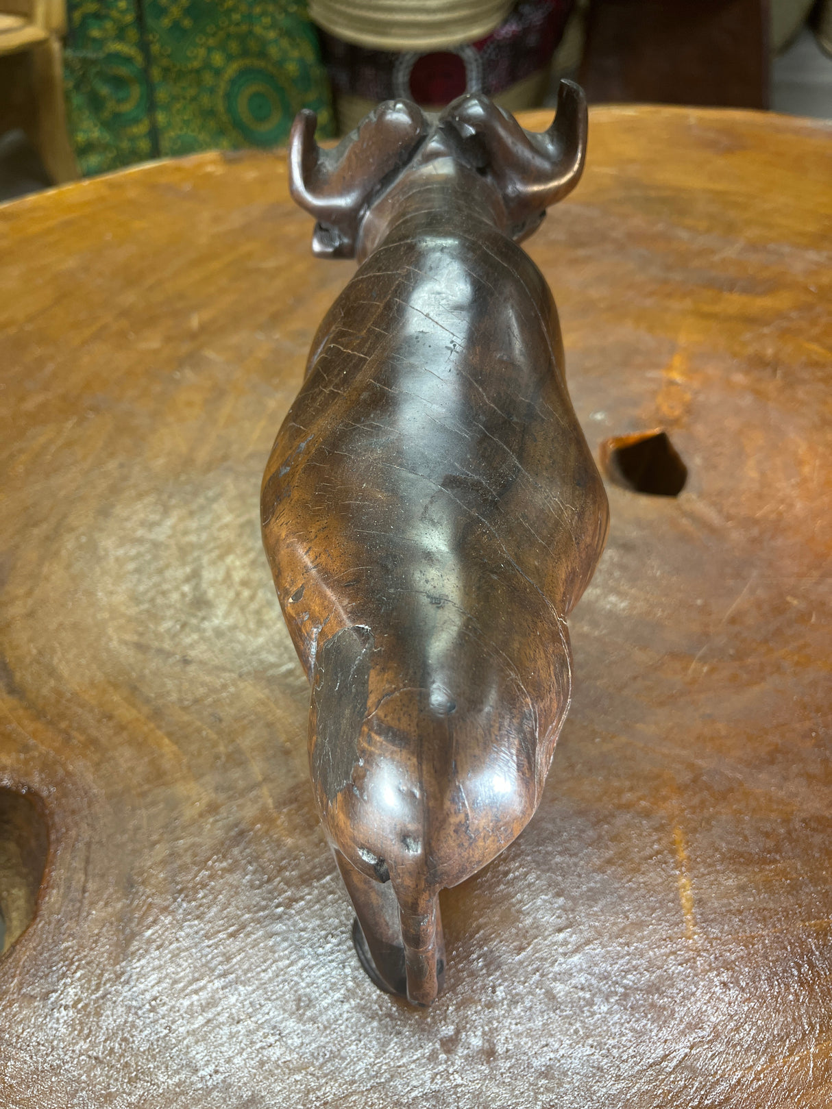 Hand Carved Dark Brown Wooden Buffalo With Horns