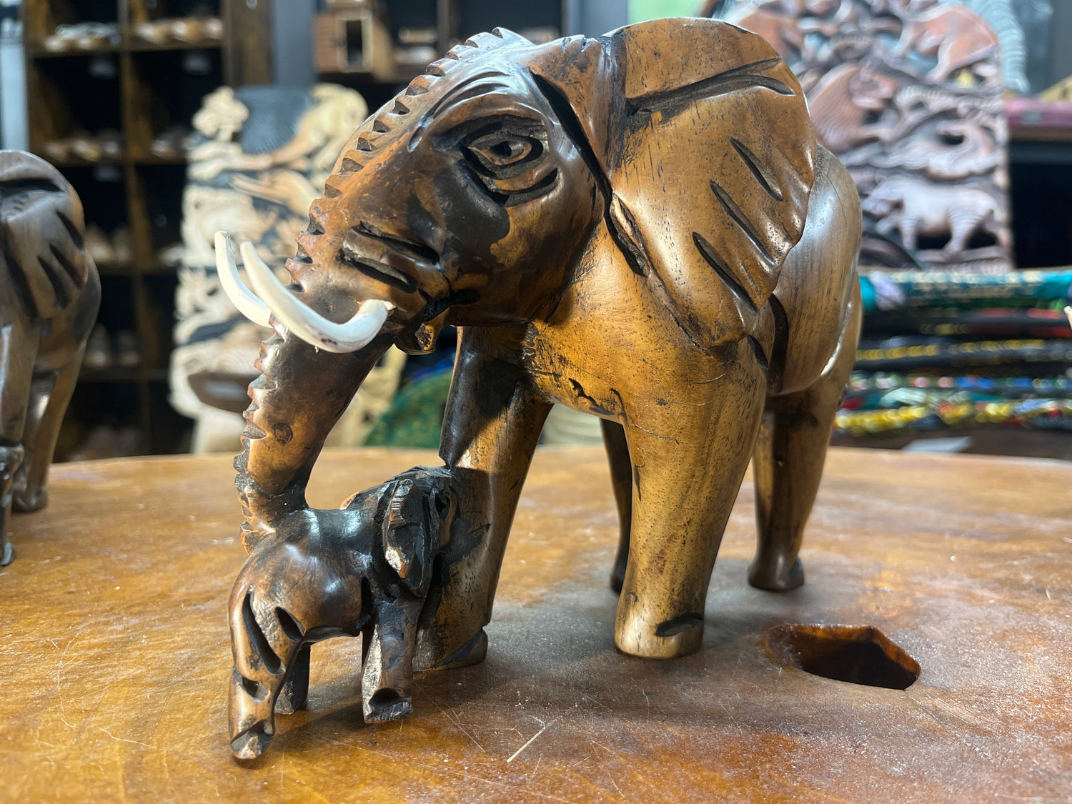 Hand Carved Wooden Elephant - Mother and Baby Malawi (Medium)