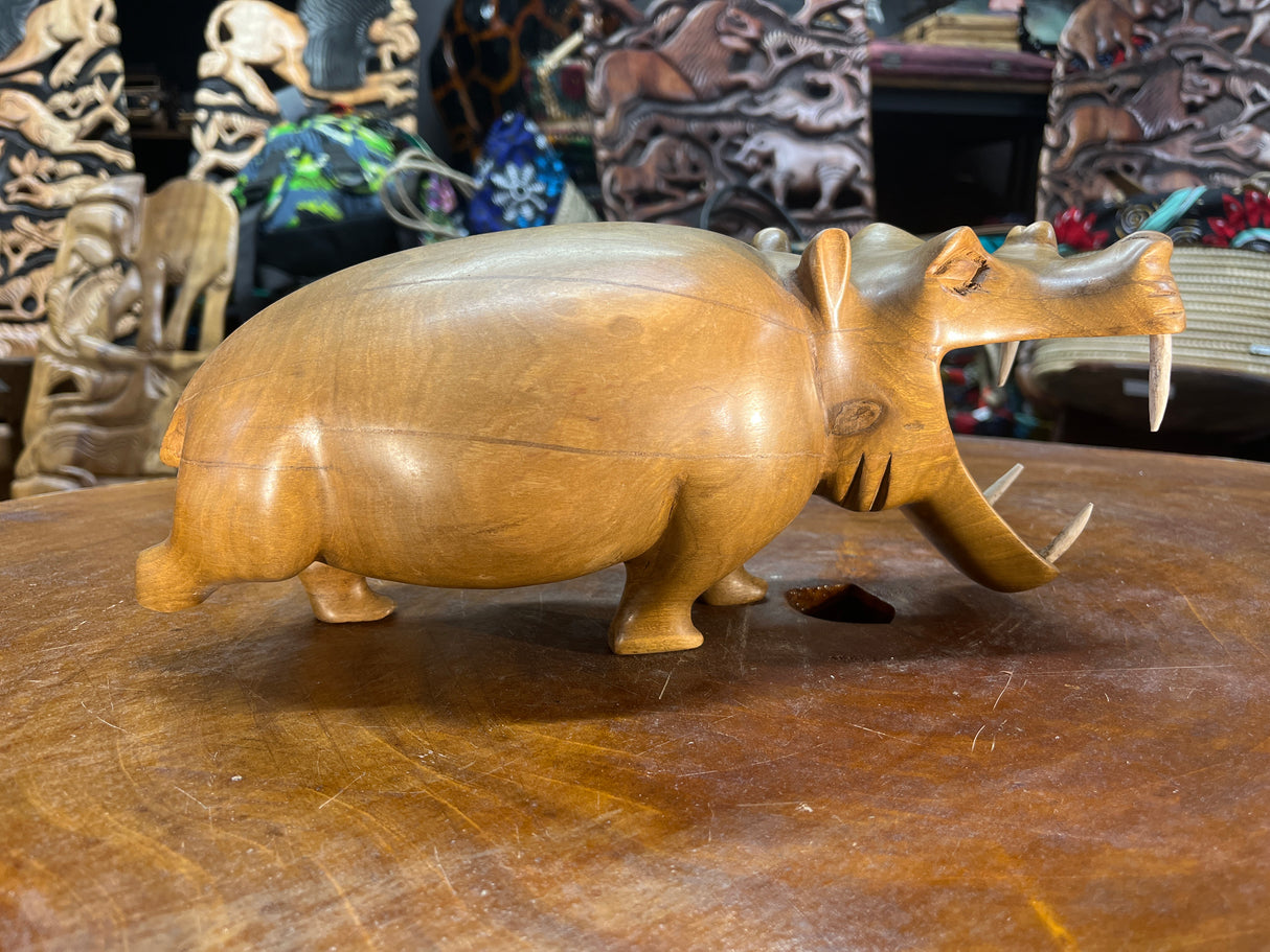 Hand Carved Wooden Walking Hippo - Mouth Open With Teeth
