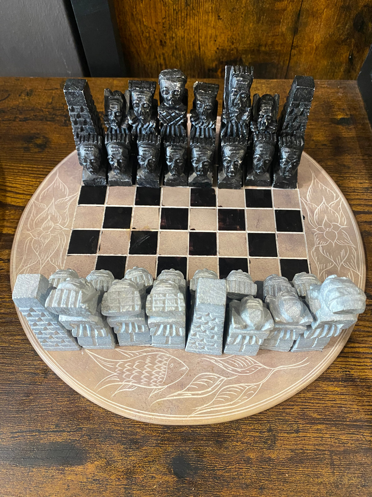 African Soap Stone Chess Set - Pink and Black Board