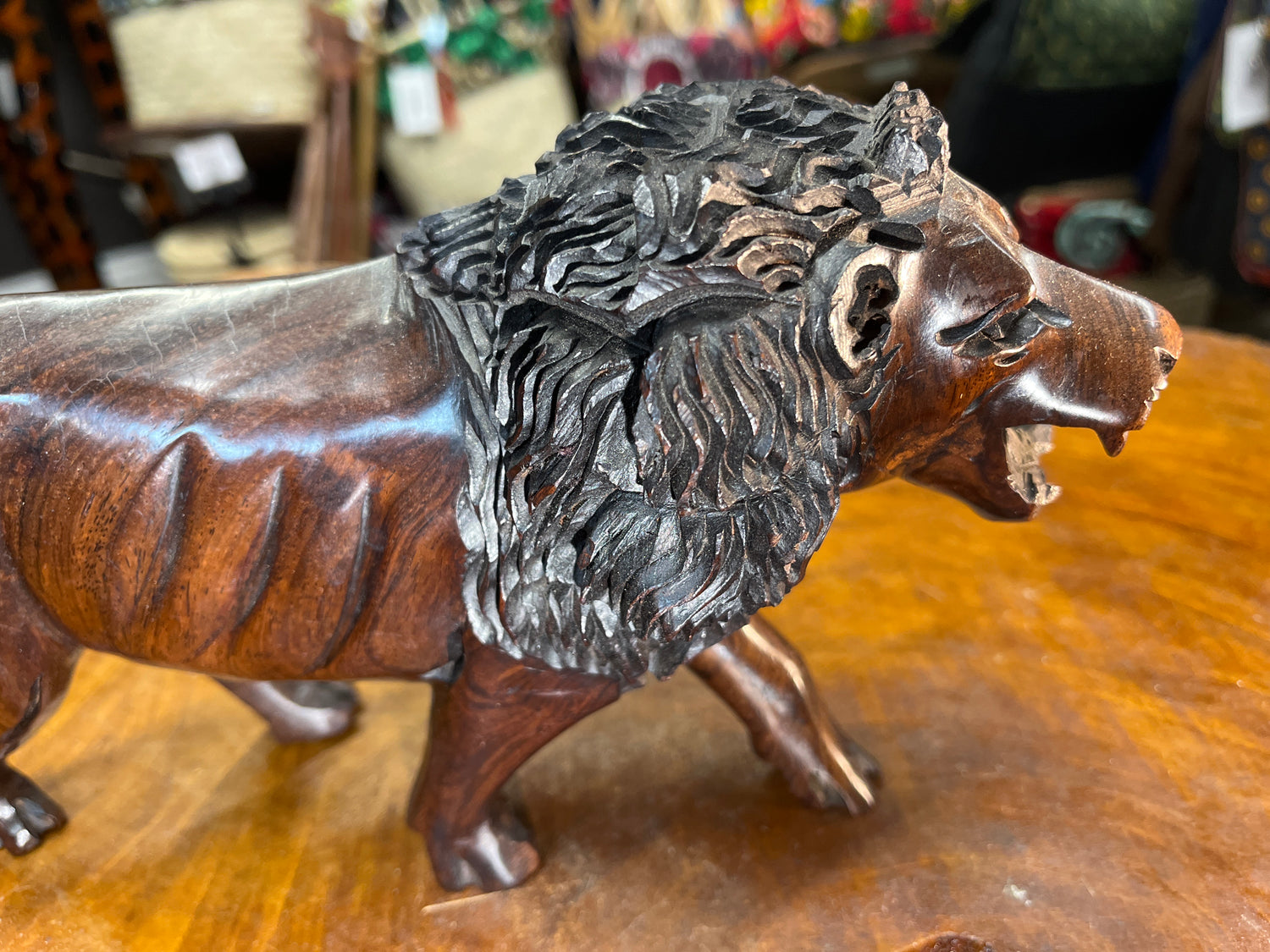 Hand Carved Wooden Reddish Brown Growling Lion