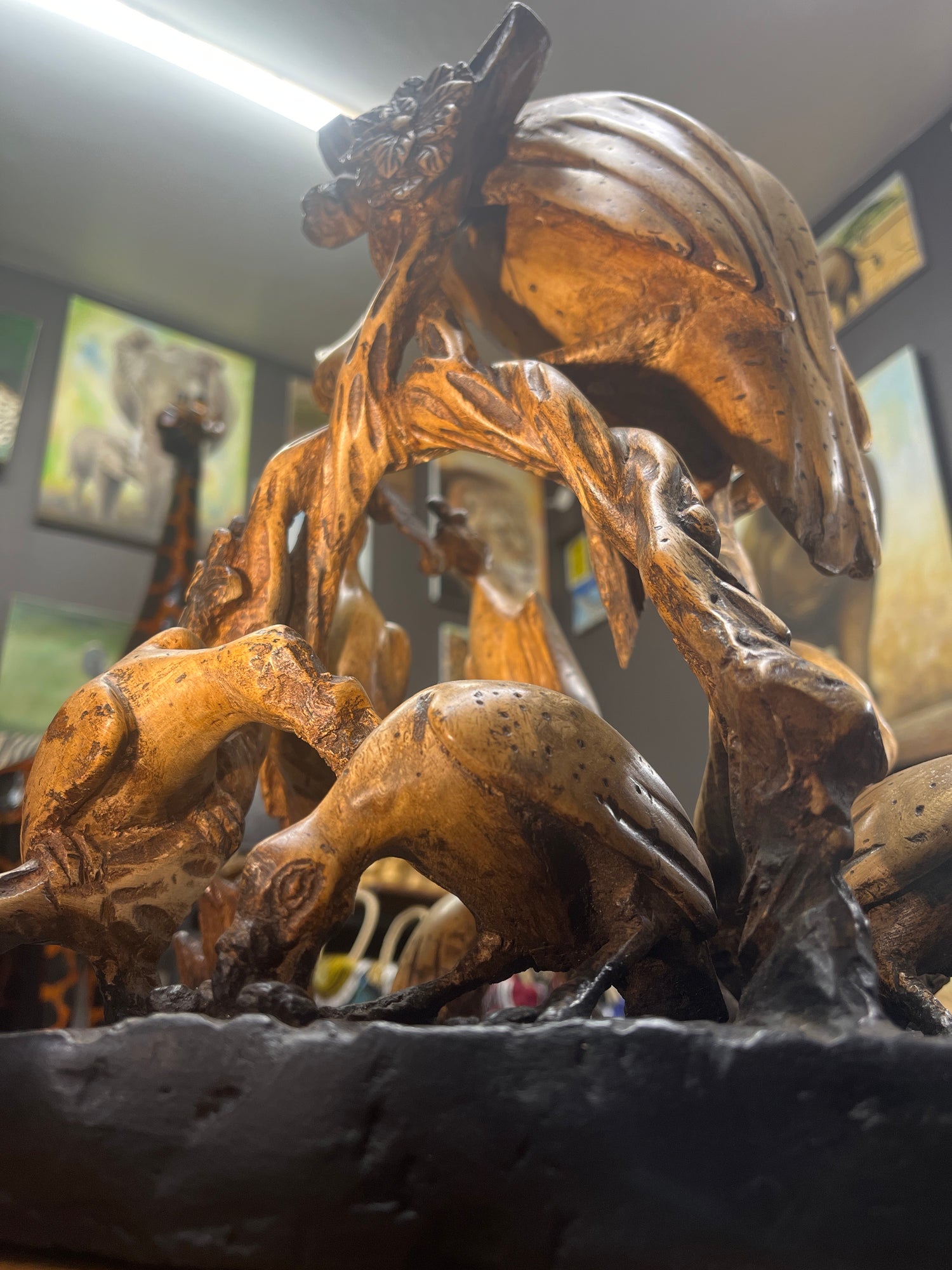 Intricately Hand Carved Vulture Feeding Frenzy On a Tree Wooden Statue