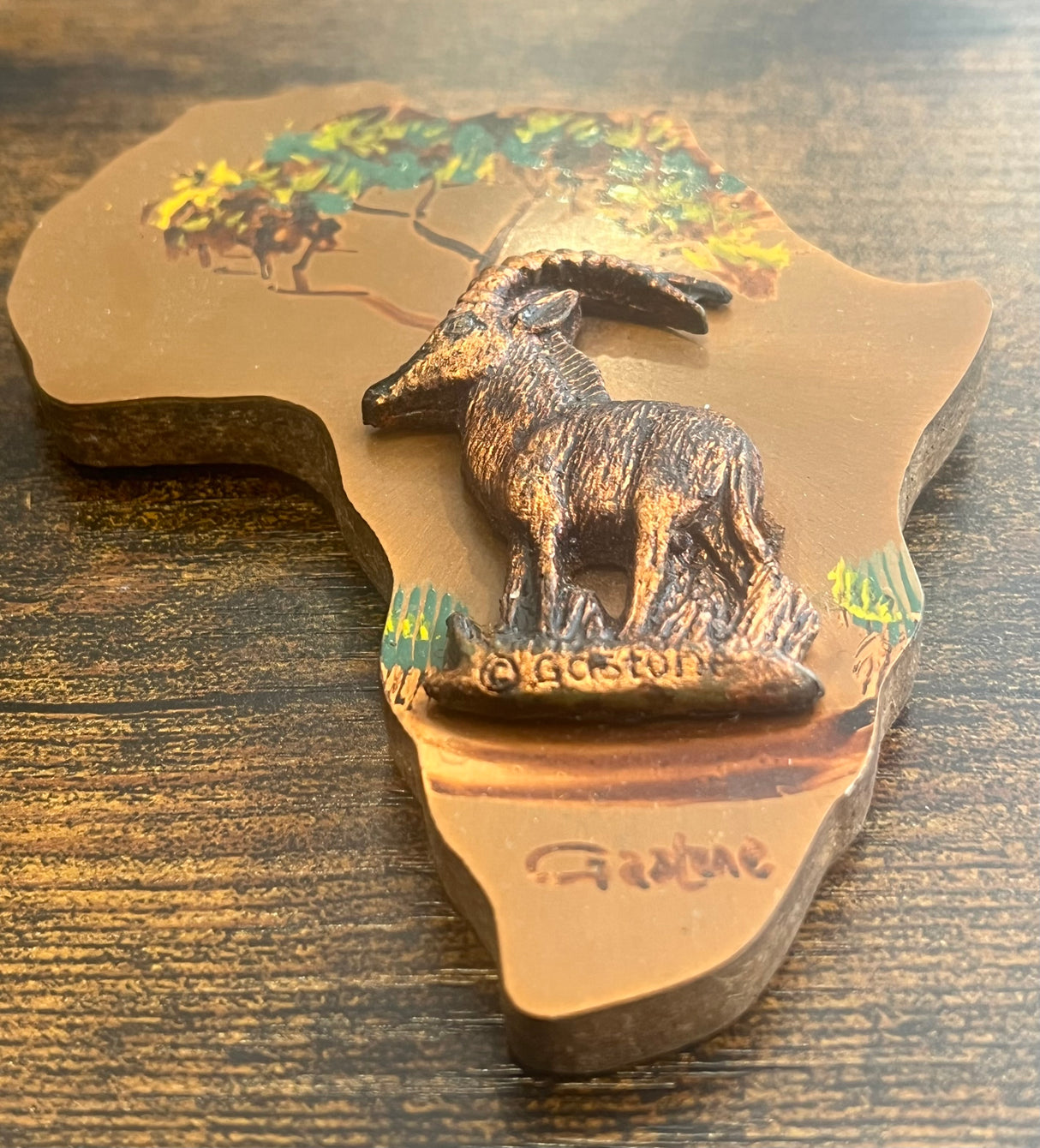 Vintage 3d copper plaque By Gastone - Side Facing Gazelle Under Tree - Africa Outline