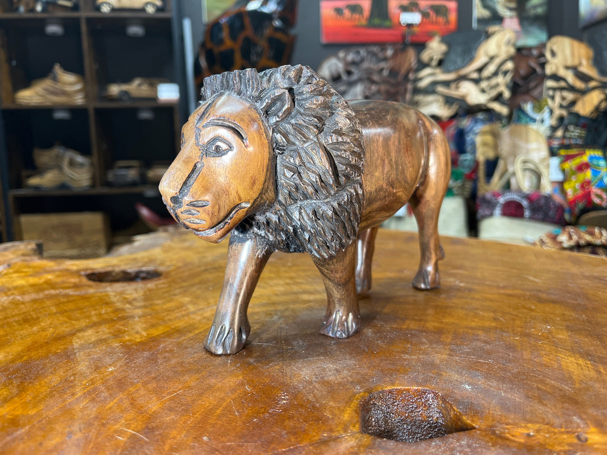 Hand Carved Wooden Lion Fresh Faced with An Intricate Mane