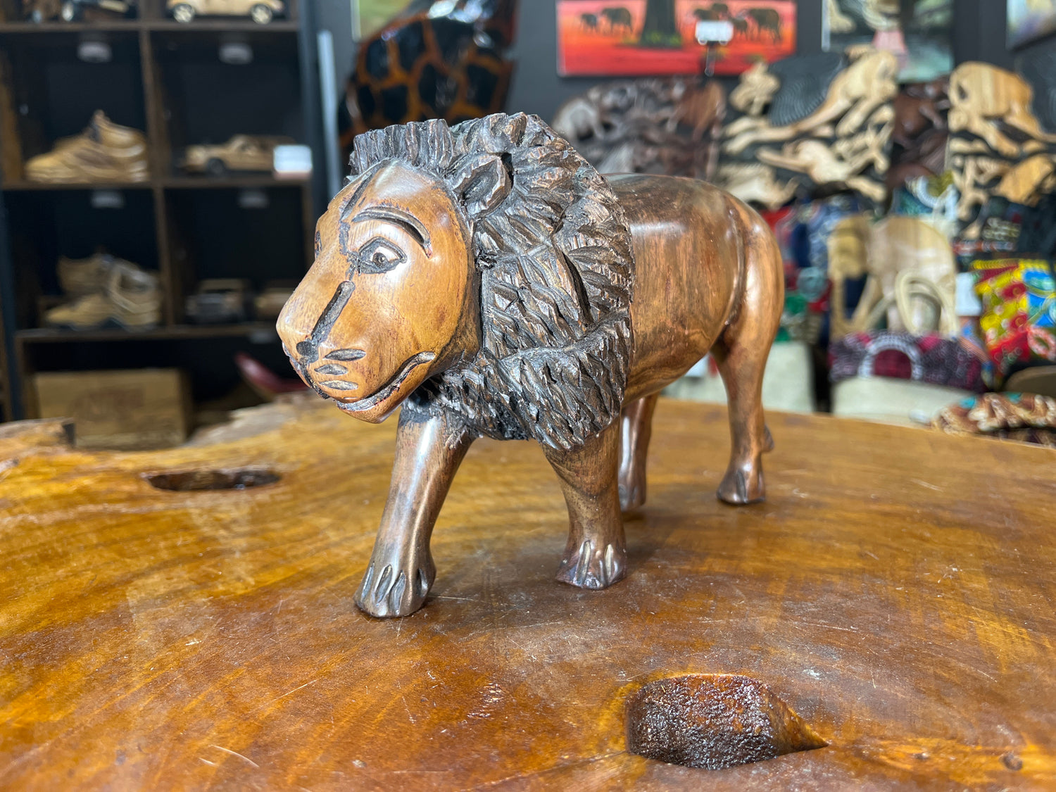 Hand Carved Wooden Lion Fresh Faced with An Intricate Mane