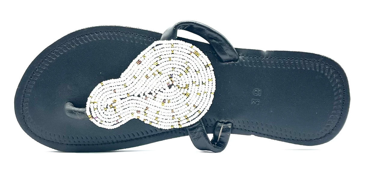 White and Gold Beaded Black Slippers