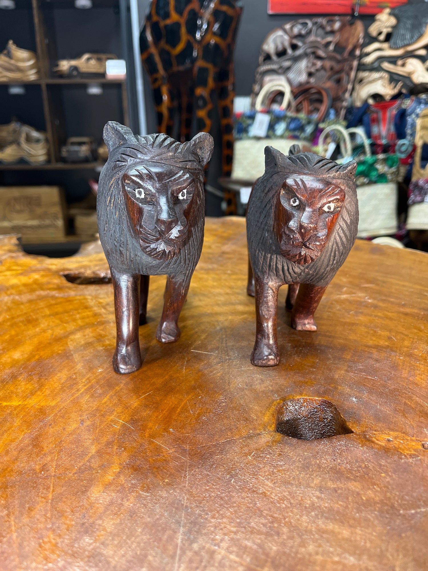 Dark Red / Brown Wooden Hand Carved Lions - Stunning Facial Features and Realism