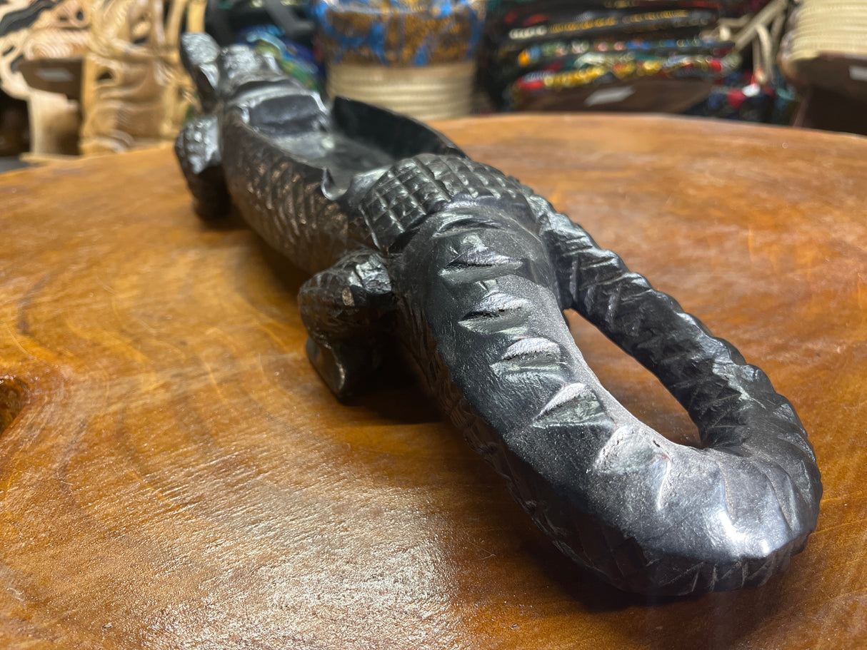 Hand Carved Stunning Ebony Crocodile With Coin / Jewellery Dish