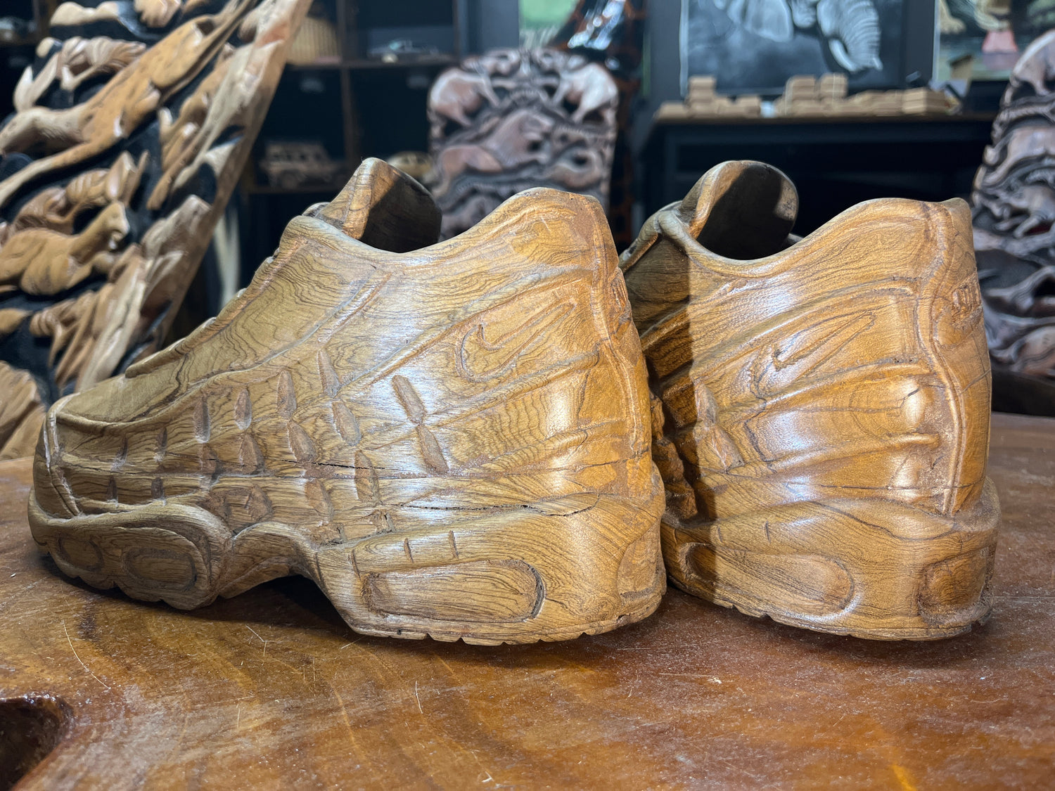 Pair of Nike Air Max 95 V1.1 Hand Carved Mahogany Display Piece