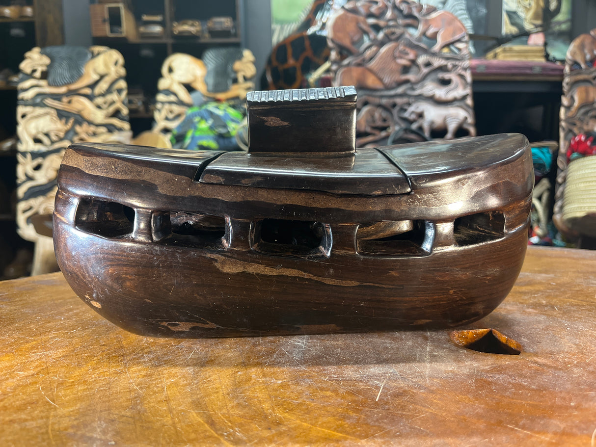 Hand Carved Ebony Noah’s Ark With Animals and Noah and Spouse