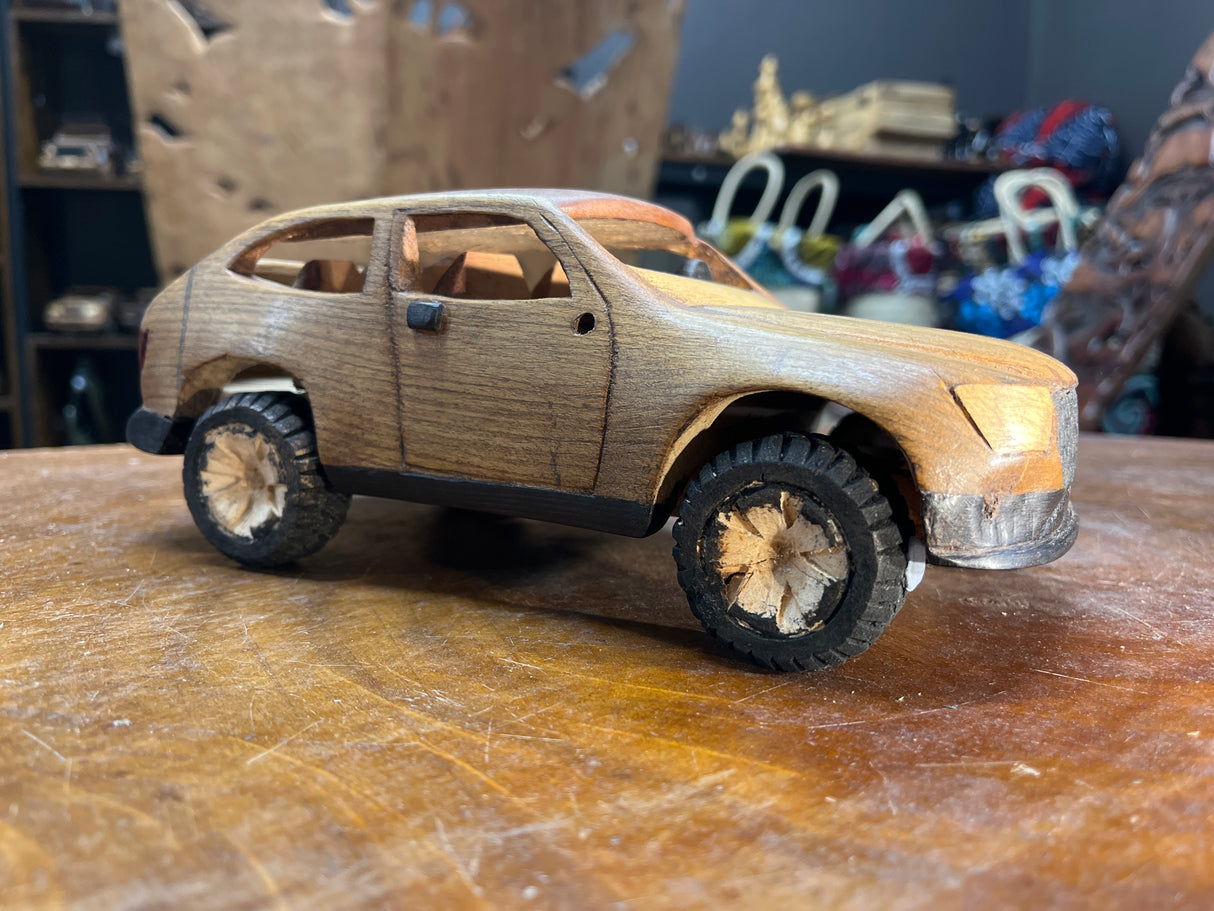 Hand Carved Truck & Trailer Wooden Model With A Car