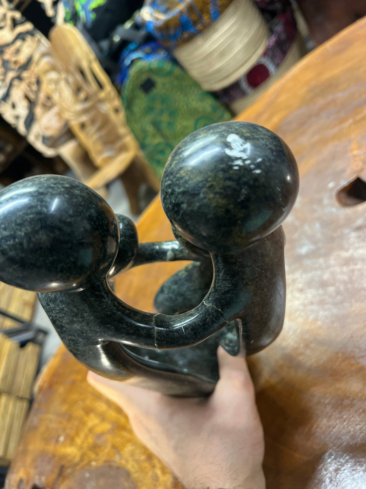 Hand Carved Stunning Green Stone Abstract Sculpture - Parents and Two Children (Wide)