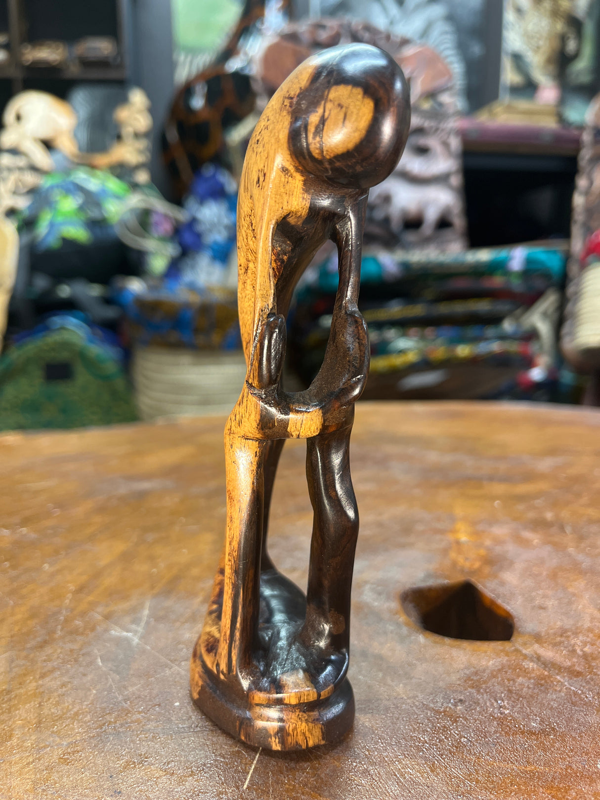 Small Hand Carved Wooden Family Abstract Parent and Two Children Ebony
