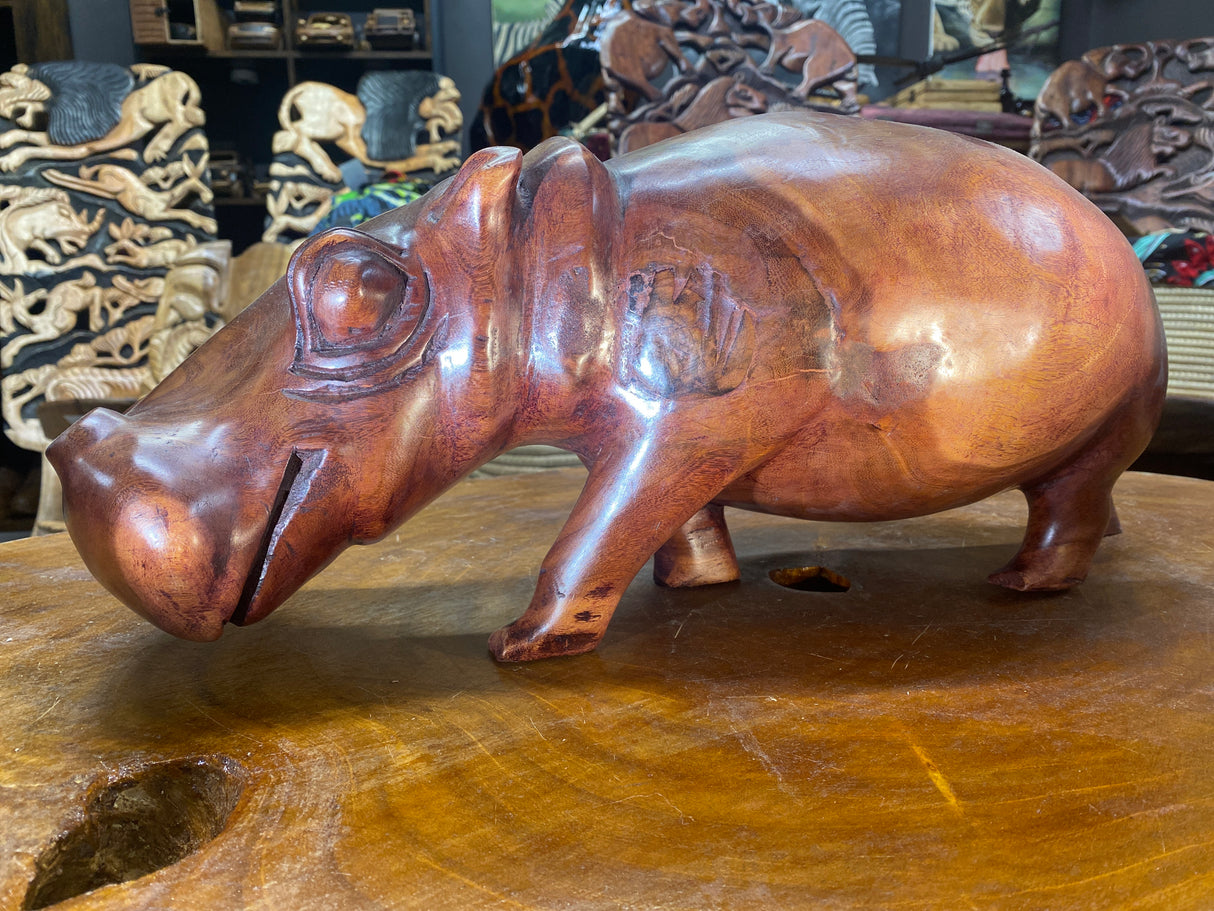 Big Reddish Colour Hand Carved Wooden Smiling Hippo - Mouth Closed (Heavy Piece)