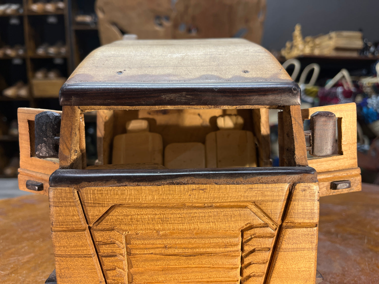 Hand Carved Truck & Trailer Wooden Model With A Car