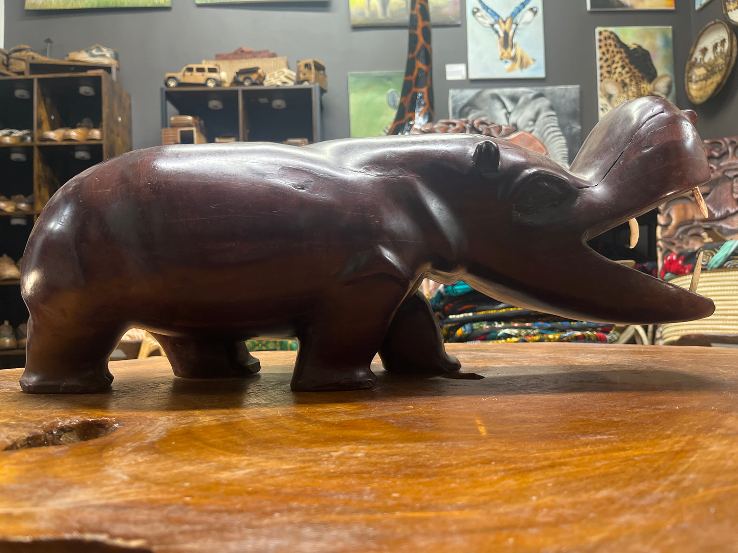 Big Reddish Colour Hand Carved Wooden Hippo - Mouth Open With Teeth (Heavy Piece)