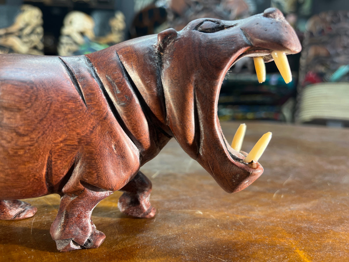 Small Hand Carved Reddish Wood Hippo - Mouth Open With Teeth