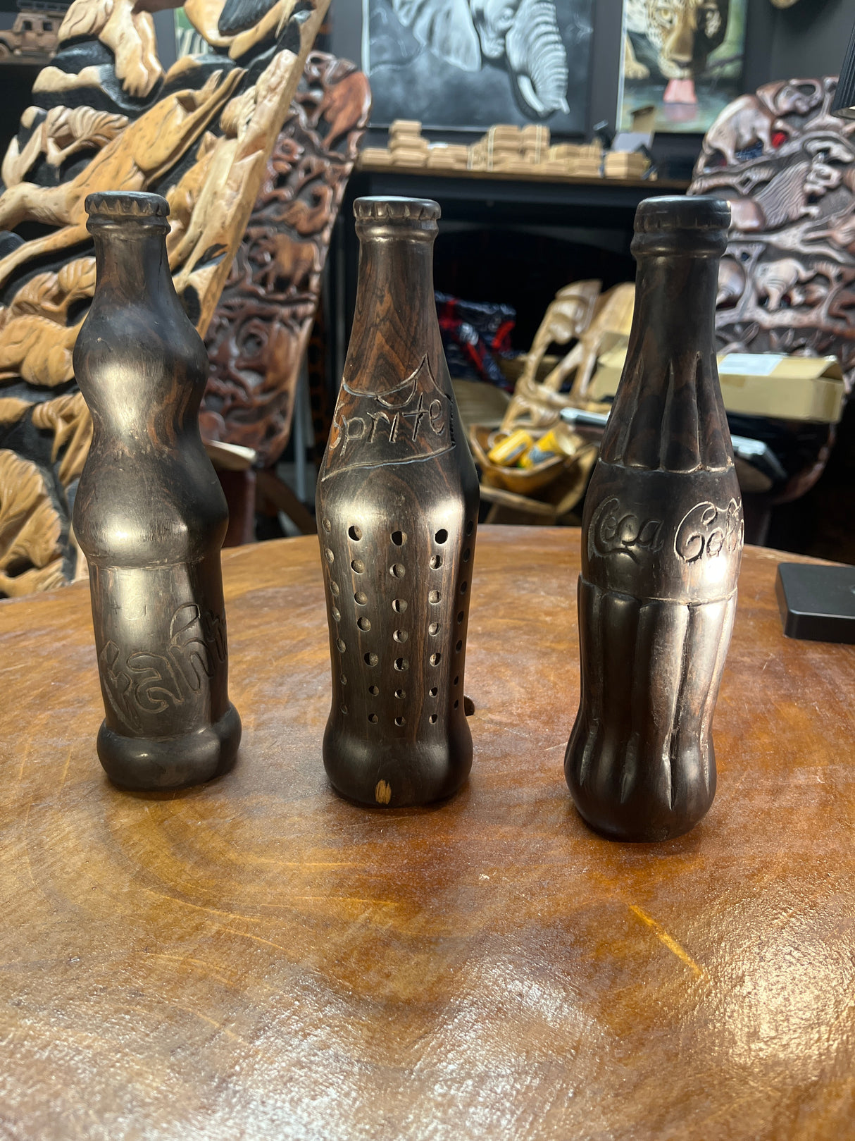 Hand Carved Coke, Sprite, Fanta Bottle (Malawi)