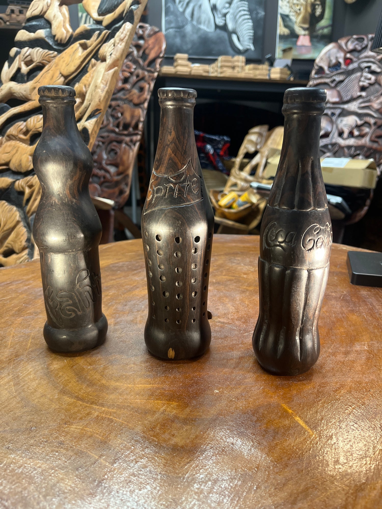 Hand Carved Coke, Sprite, Fanta Bottle (Malawi)