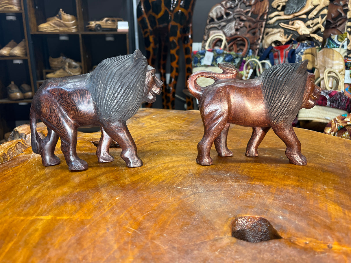 Dark Red / Brown Wooden Hand Carved Lions - Stunning Facial Features and Realism