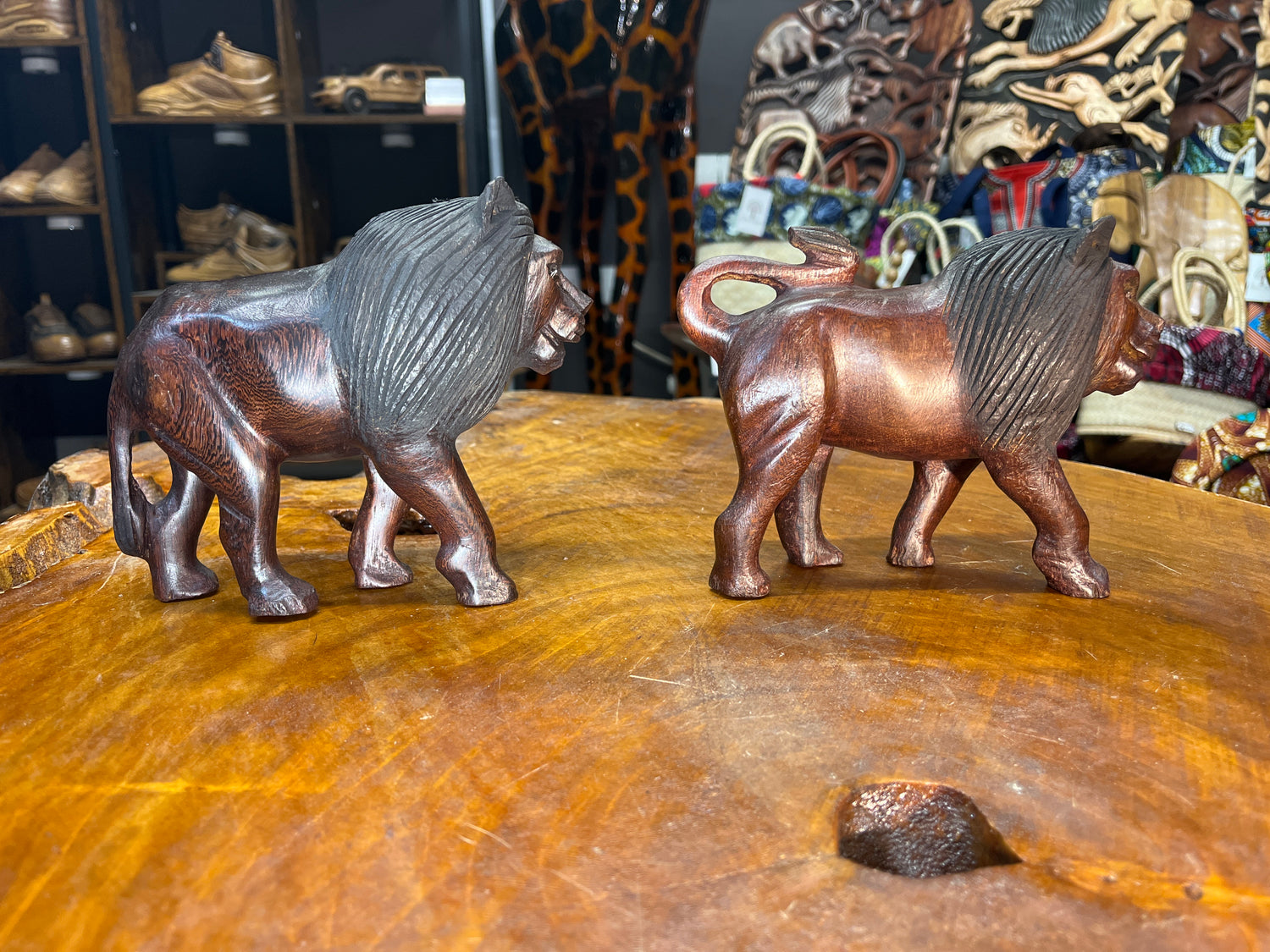 Dark Red / Brown Wooden Hand Carved Lions - Stunning Facial Features and Realism