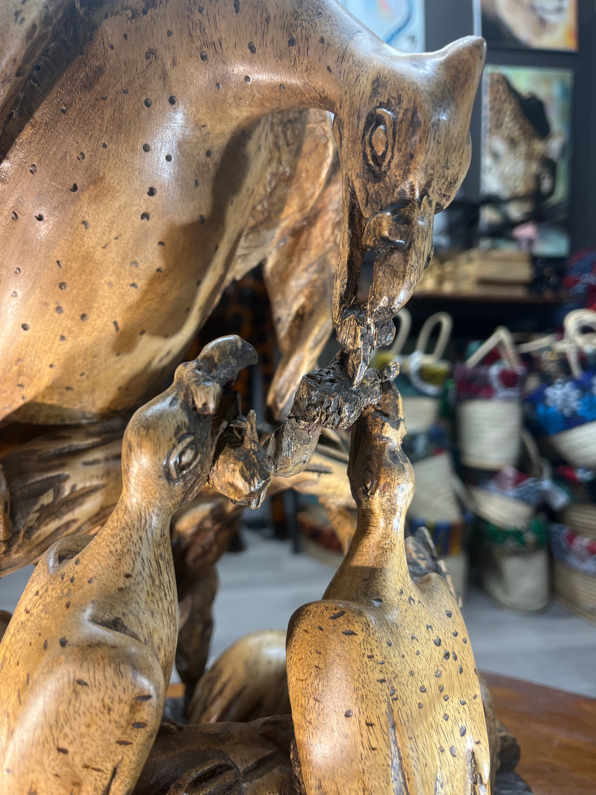 Intricately Hand Carved Vulture Feeding Frenzy On a Tree Wooden Statue