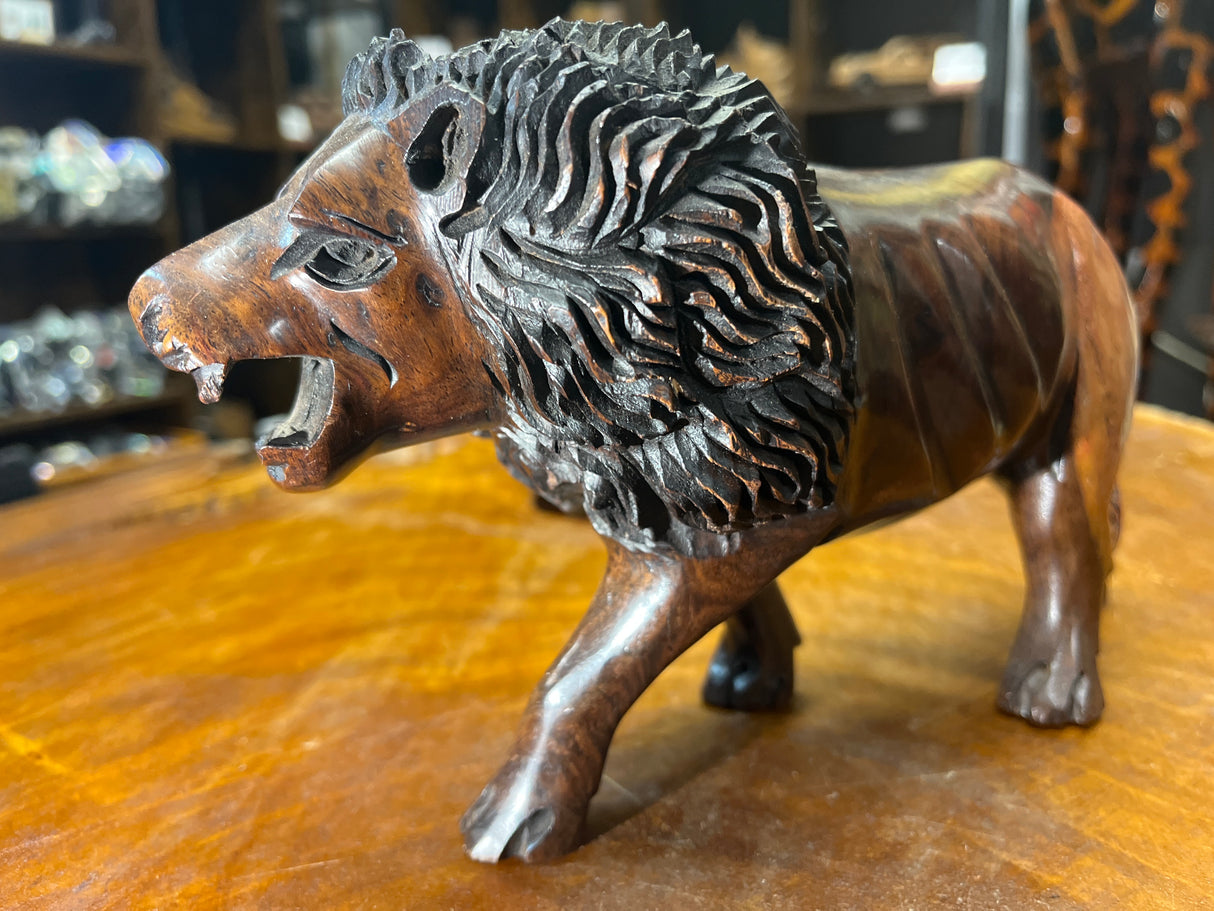 Hand Carved Wooden Reddish Brown Growling Lion