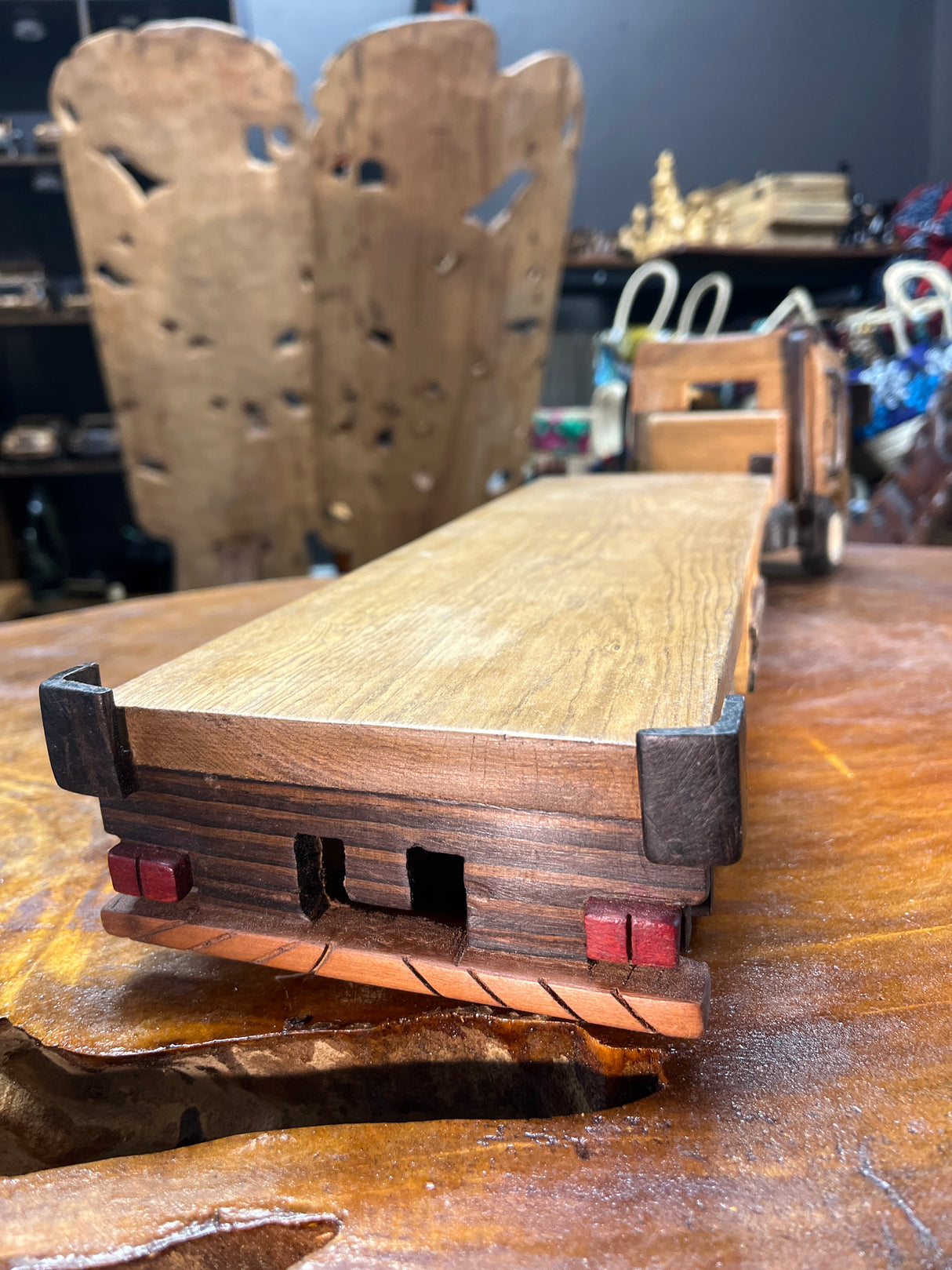 Hand Carved Wooden Truck, Trailer and Container Combination