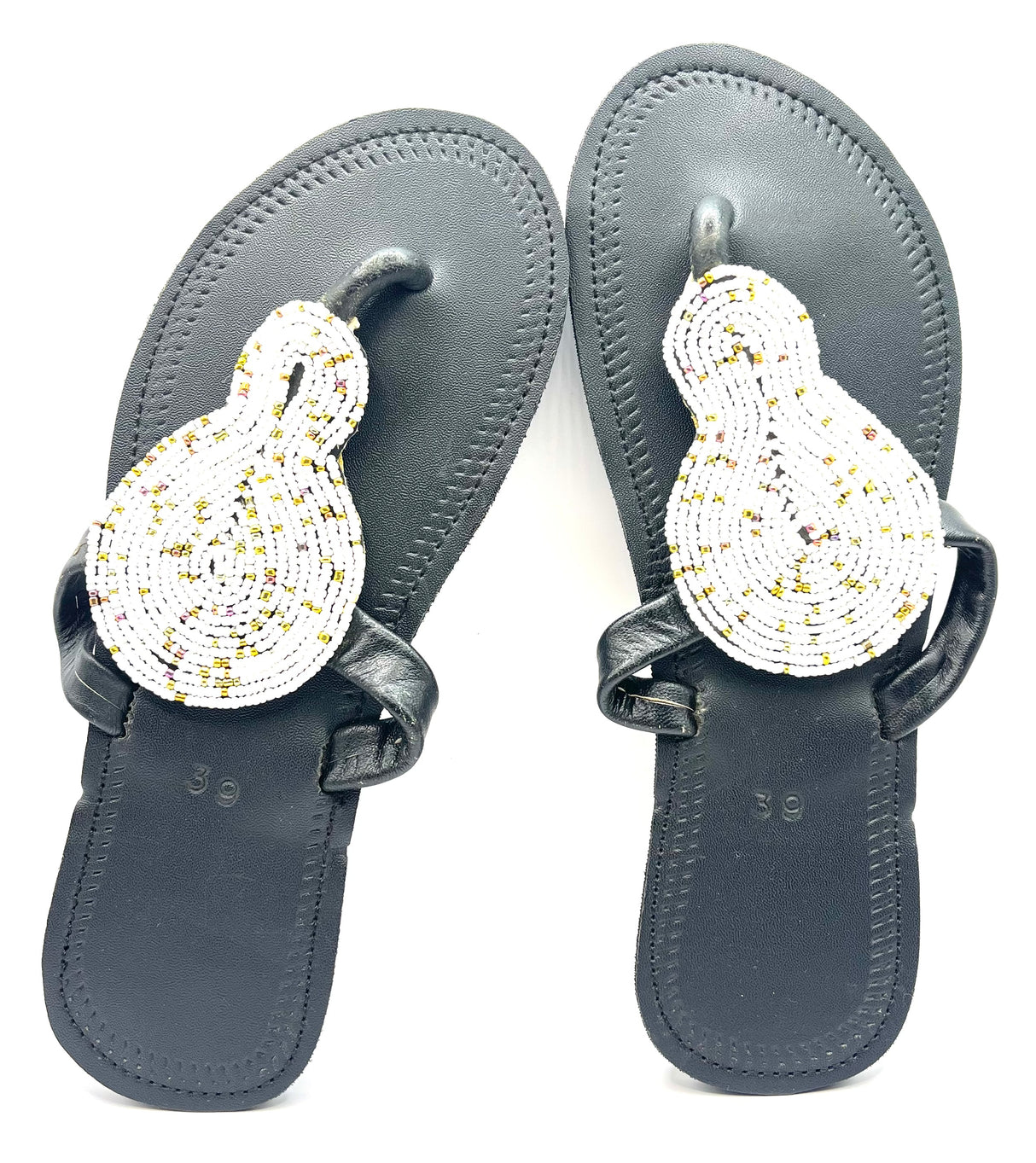 White and Gold Beaded Black Slippers