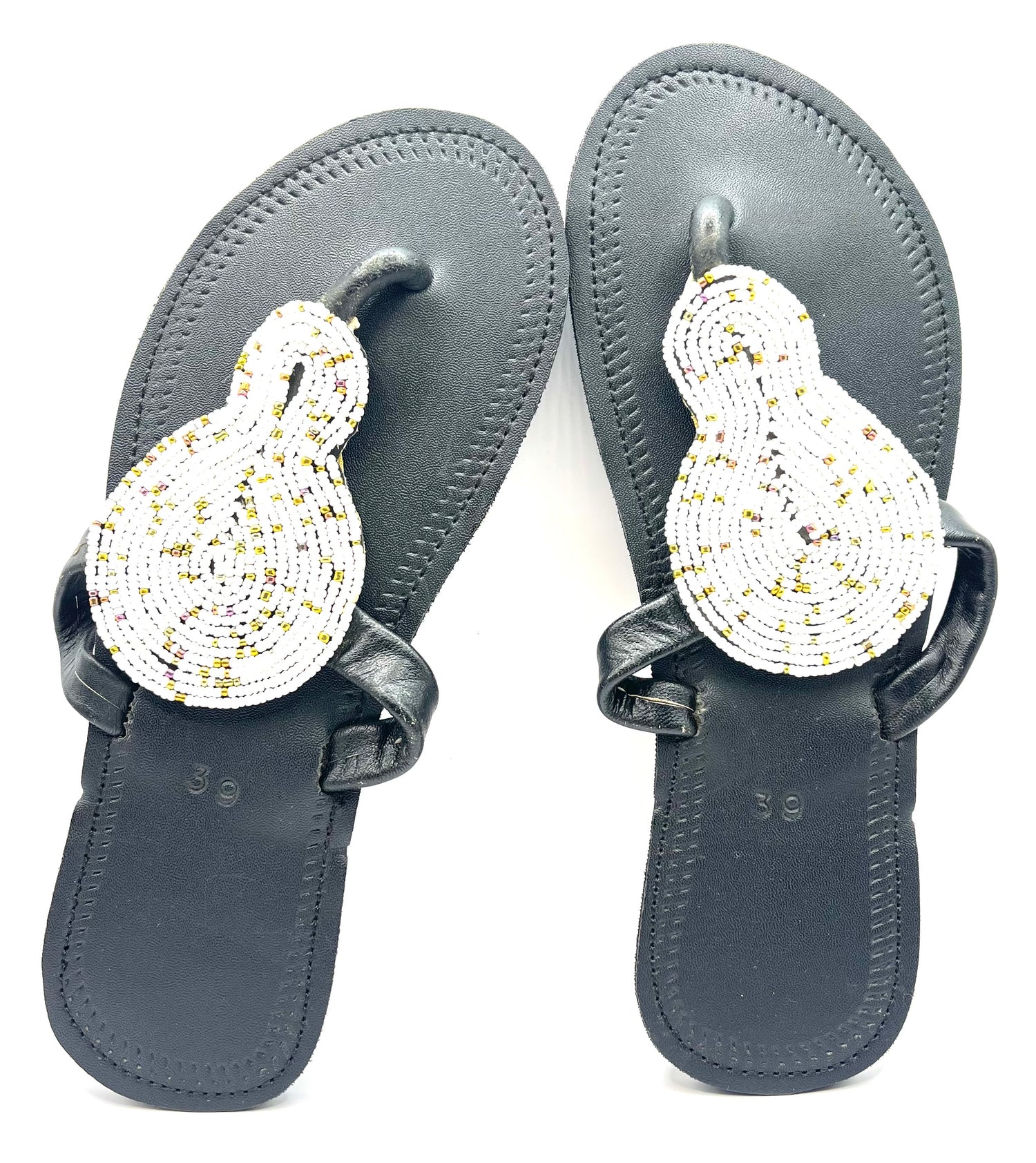 White and Gold Beaded Black Slippers
