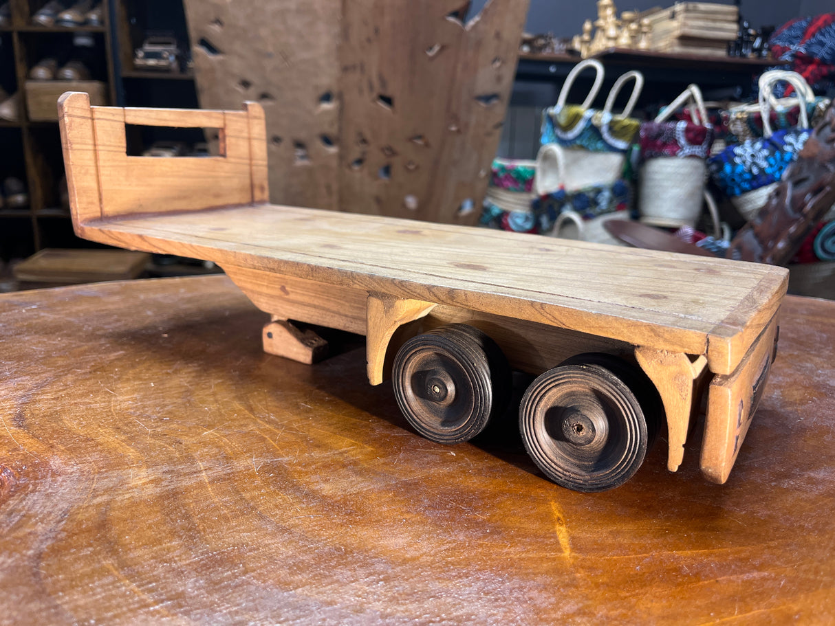 Hand Carved Truck & Trailer Wooden Model With A Car