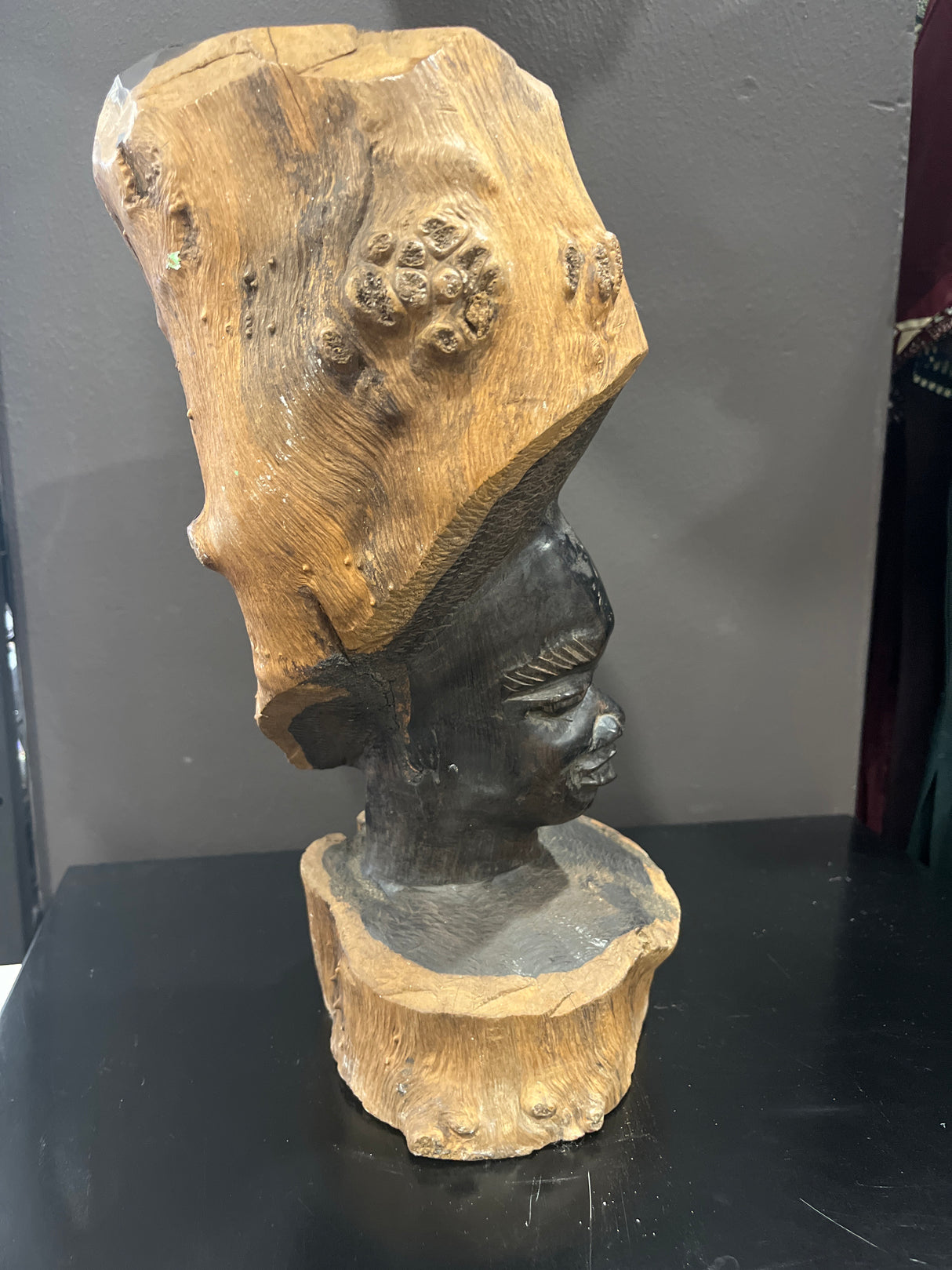 Beautiful Ebony Intricate African Head Carved into One Tree Trunk