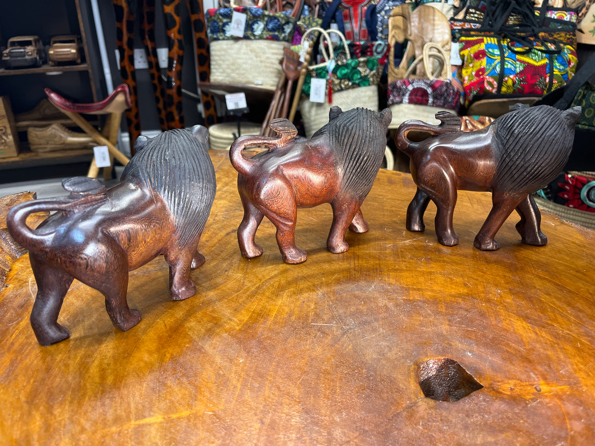 Dark Red / Brown Wooden Hand Carved Lions - Stunning Facial Features and Realism