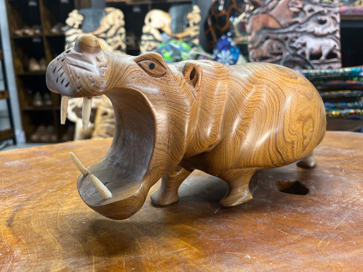 Hand Carved Wooden Hippo - Mouth Open With Teeth