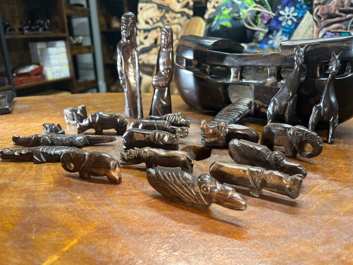 Hand Carved Ebony Noah’s Ark With Animals and Noah and Spouse