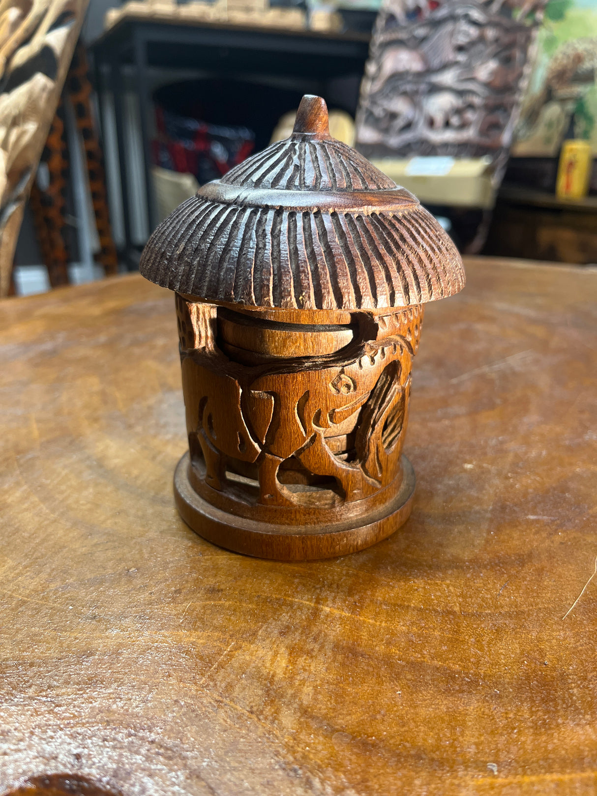 Hand Carved Mahogany African Hut with Rhino and Elephant Design Coaster Set with 8 Coasters