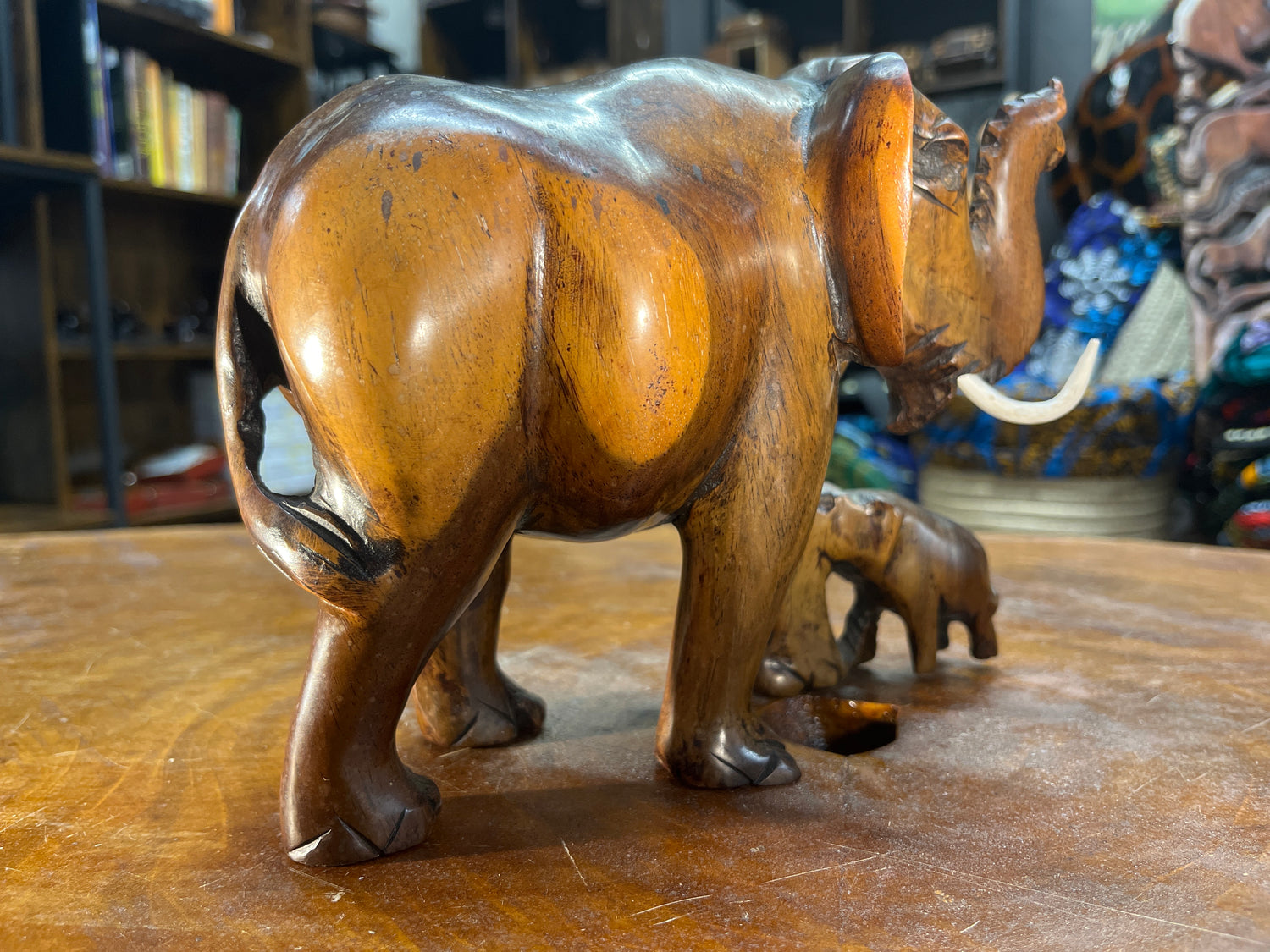 Hand Carved Wooden Elephant and Baby Malawi (Large)