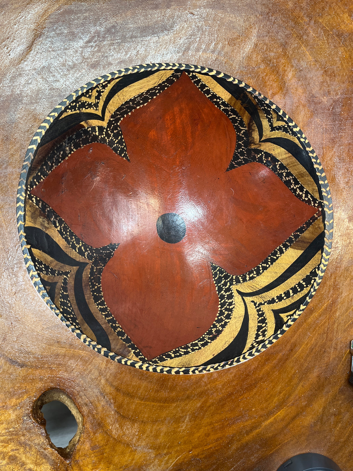 Hand carved Large Wooden Bowl Maroon Flower Design