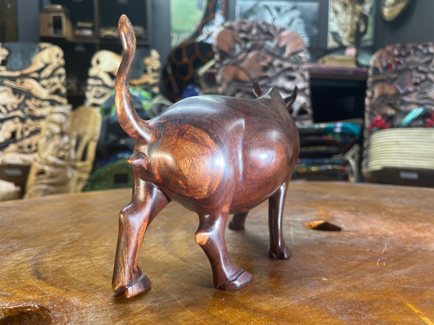 Hand Carved Dark Brown Wooden Warthog With Horns