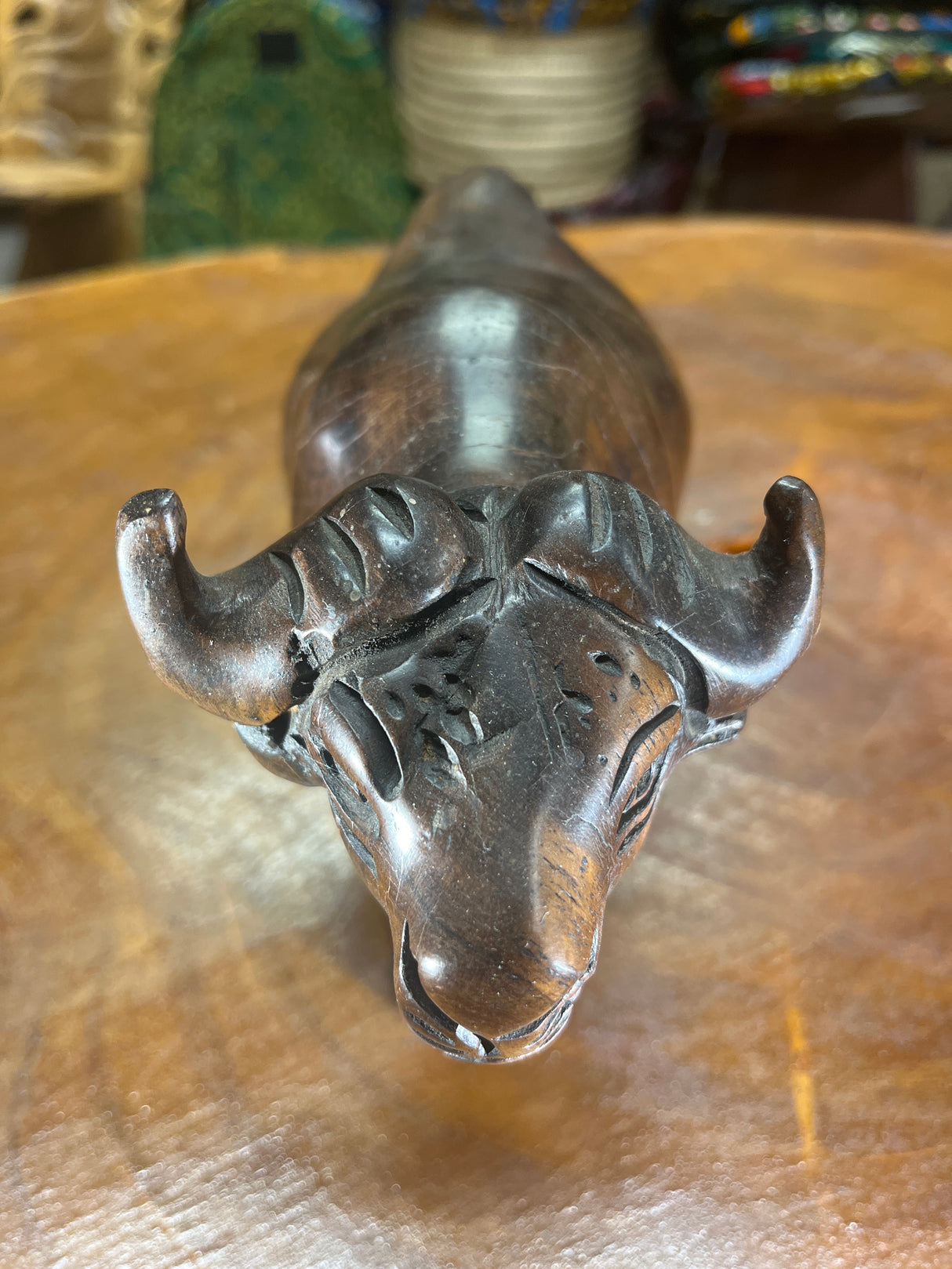 Hand Carved Dark Brown Wooden Buffalo With Horns