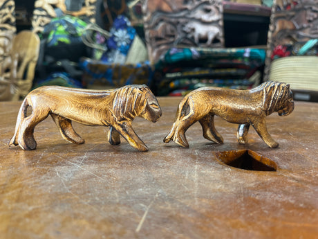 Set of Two Handmade Wooden Burnt Lions