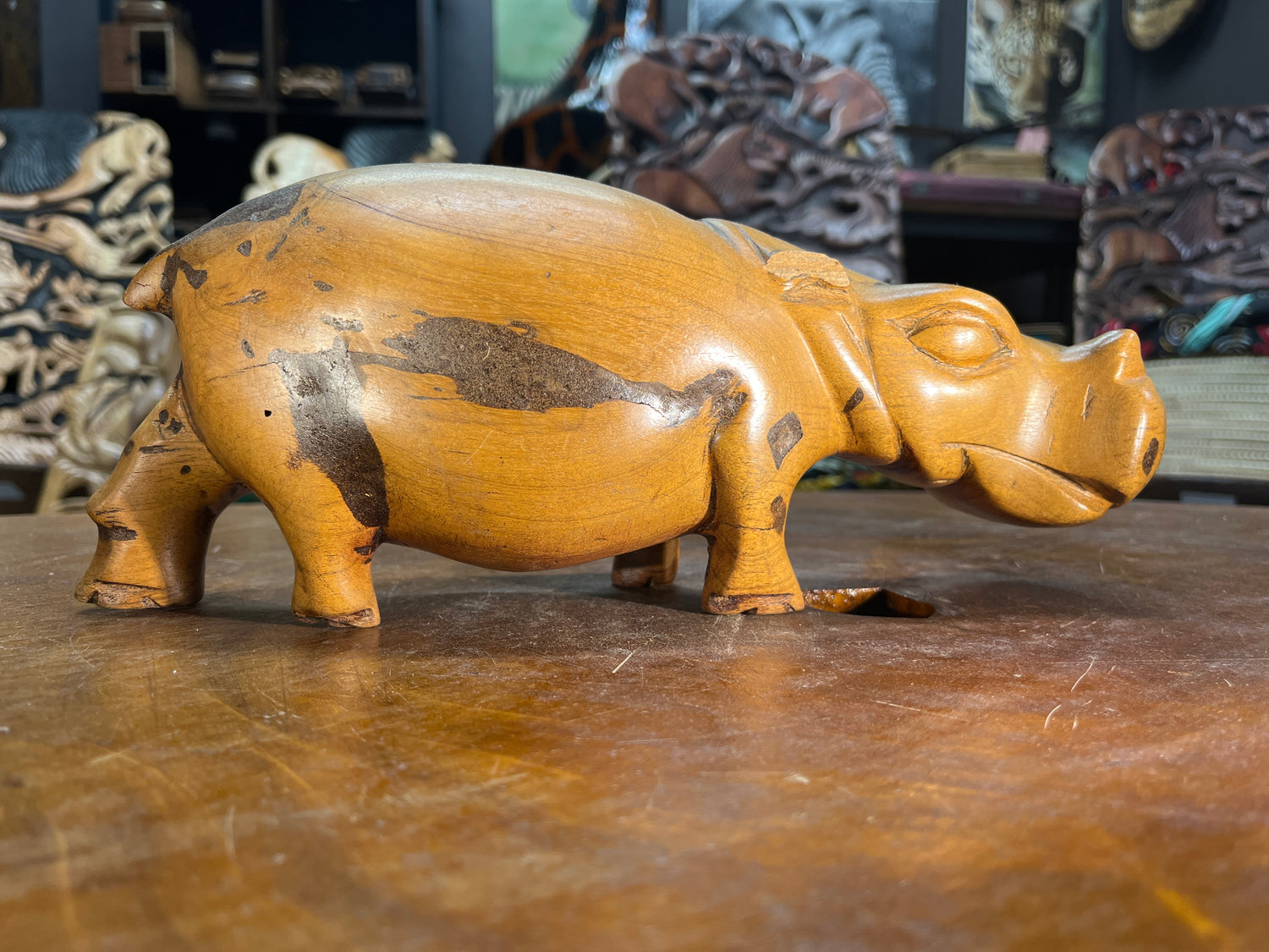 Hand Carved Light Brown Wooden Hippo - Mouth Closed