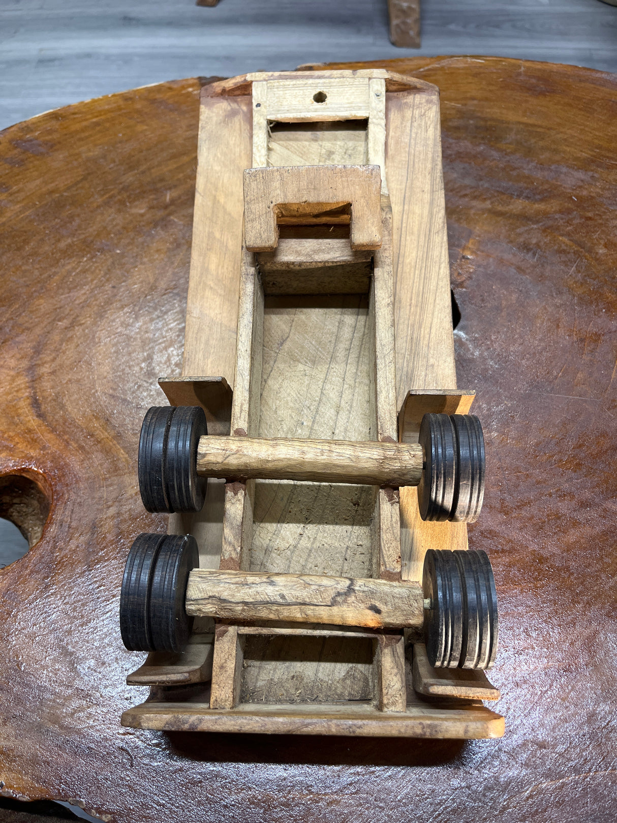 Hand Carved Truck & Trailer Wooden Model With A Car