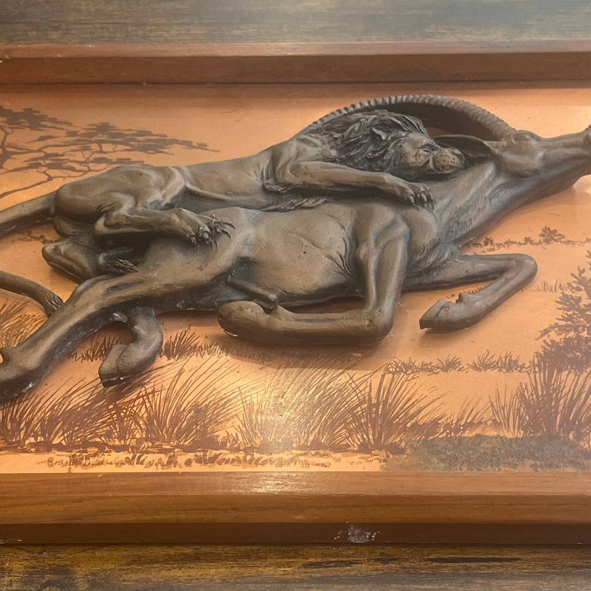Vintage John Louw 3D Copper Art Picture And Frame Lion Hunting 