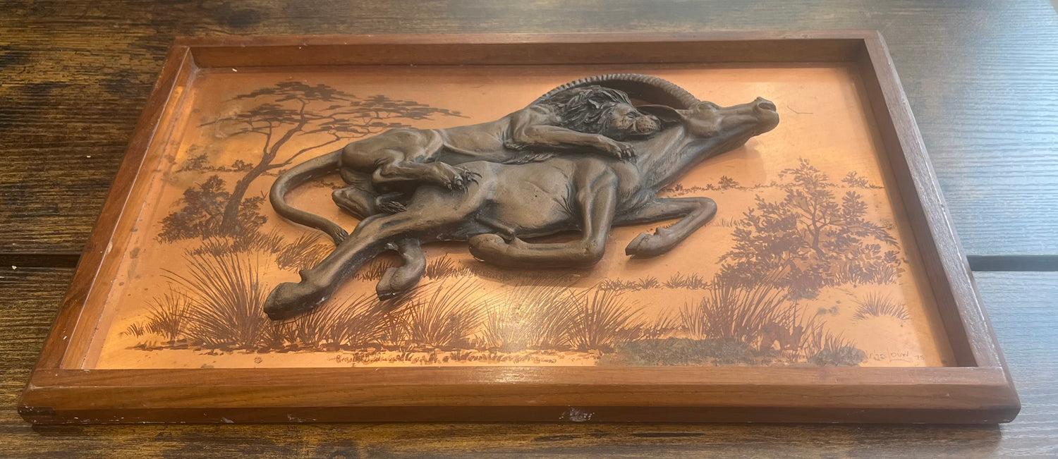 Vintage John Louw 3D Copper Art Picture And Frame Lion Hunting Antelope Signed