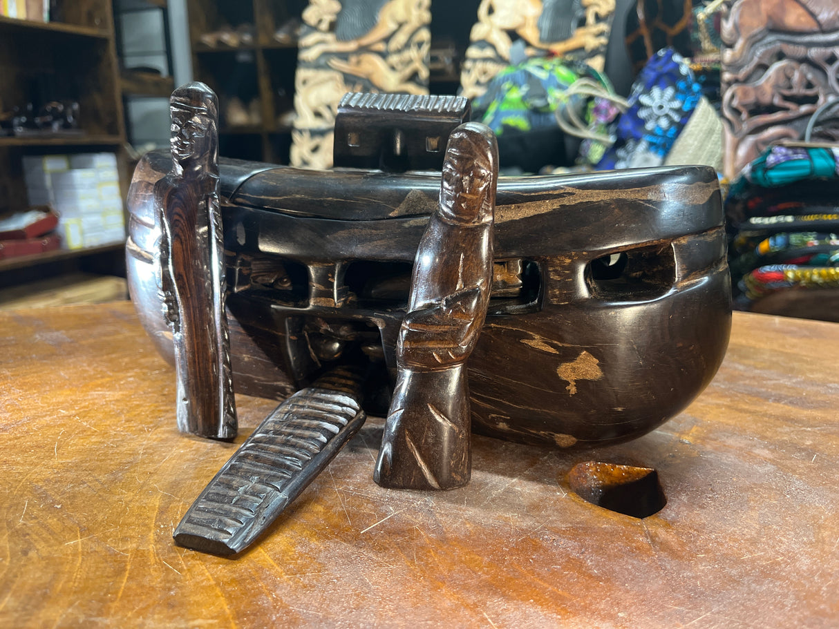 Hand Carved Ebony Noah’s Ark With Animals and Noah and Spouse